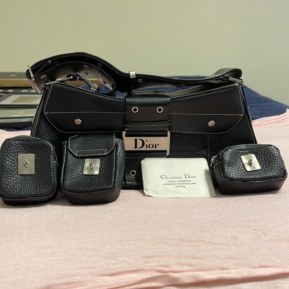 Dior Black Pebbled Leather Street Chic Shoulder Bag w/3 detachable accessories
